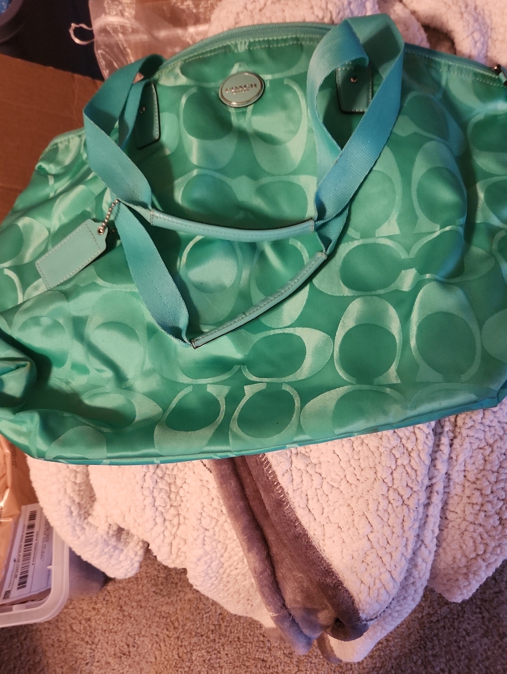 Coach Teal Signature Satin Tote Bag